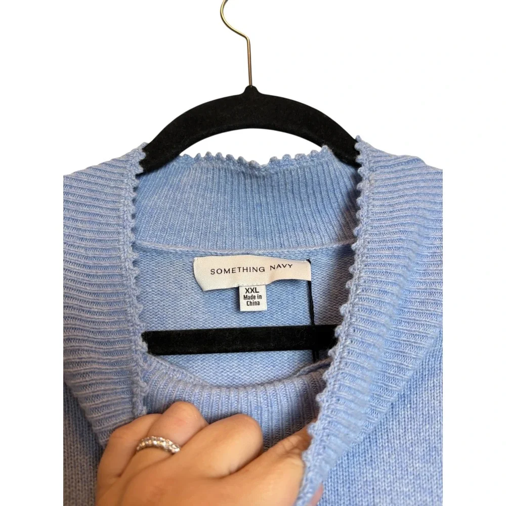 Something Navy Embroidered Mock Neck Sweater Blue Floral NWT Wool Blend Size XXL
